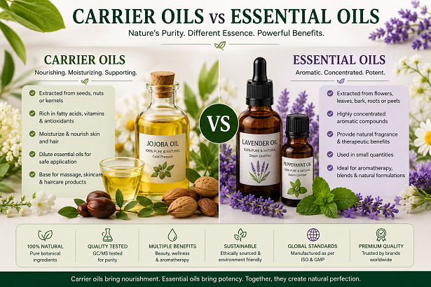 Carrier oils vs essential oils comparison with natural botanical ingredients