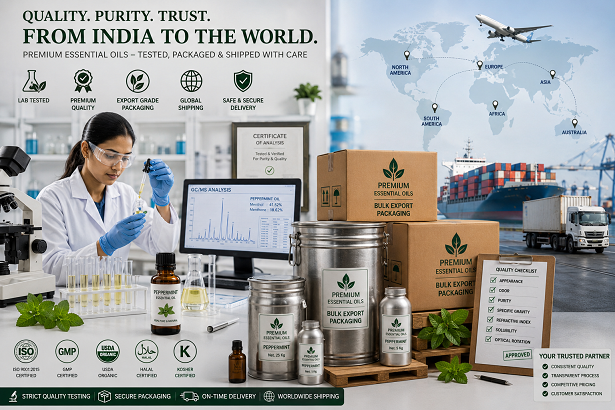 Indian essential oil export packaging laboratory testing and global shipping