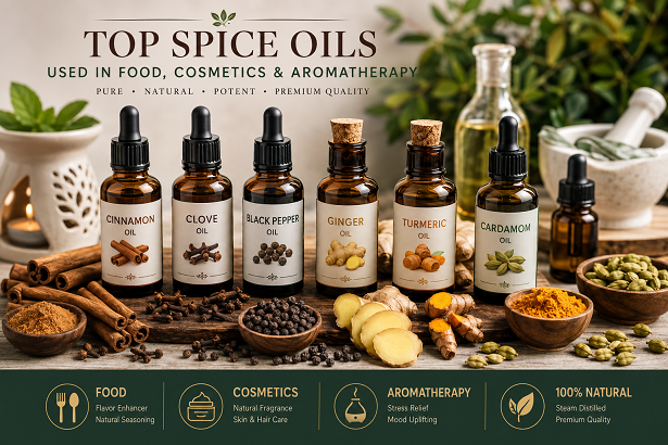 Top spice oils including cinnamon clove black pepper ginger turmeric and cardamom used in food cosmetics and aromatherapy